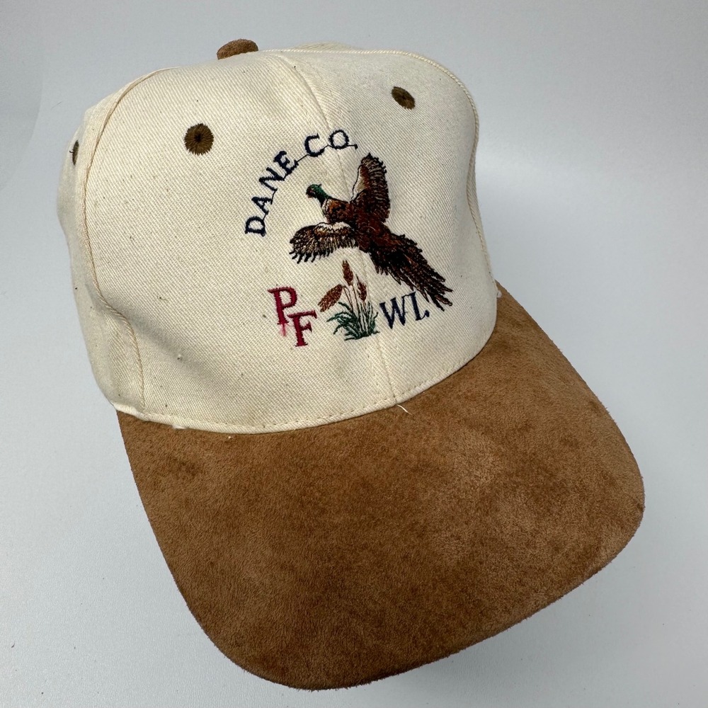 Vintage KC Dane Co PF Fowl Pheasant Hunting Hat Cream Brown Suede Leather Strap